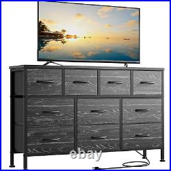 10 Drawer Dresser 43in TV Stand with Power Outlet Chest of Drawers Storage Black