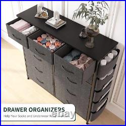 12 Fabric Storage Drawers Gray Tall Dresser + Sturdy Frame & Wooden Top Bedroom