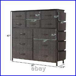 12 Fabric Storage Drawers Gray Tall Dresser + Sturdy Frame & Wooden Top Bedroom