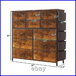 12 Fabric Storage Drawers Tall Dresser + Sturdy Frame & Wooden Top Rustic Brown