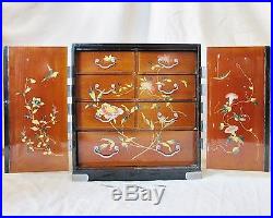 14 Antique Japanese Mini Wood Chest Cabinet with Drawers Painted Black & Gold
