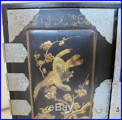 14 Antique Japanese Mini Wood Chest Cabinet with Drawers Painted Black & Gold