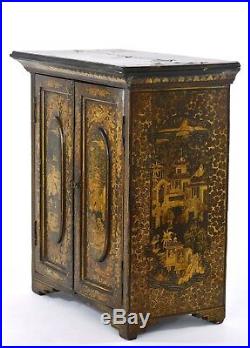 19C Chinese Export Gilt Lacquer Wood Carved Table Drawer Chest Cabinet Box Key