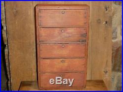 19th C EARLY PRIMITIVE 5 DRAWER CHEST OLD ORIGINAL RED WASH PAINT RARE FORM aafa