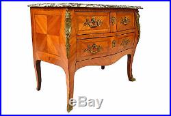 19th C. French Marquetry Louis XVI Chest of Drawers Thick Marble Top Brass Decor