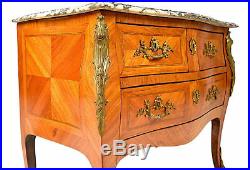 19th C. French Marquetry Louis XVI Chest of Drawers Thick Marble Top Brass Decor