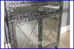 2 Door 1 Drawer Mirrored Storage Cabinet Vintage Silver Chest Embossed Cupboard