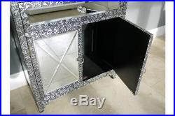 2 Door 1 Drawer Mirrored Storage Cabinet Vintage Silver Chest Embossed Cupboard
