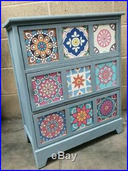 3 Drawer Mosaic Chest of Drawers Blue/ Pattern 59cm x 75 x 30 Hand Painted