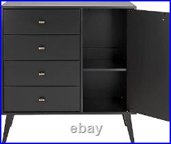 4-Drawer Chest with 1-Door Cabinet Wood Mid-Century Modern Storage Organizer Black