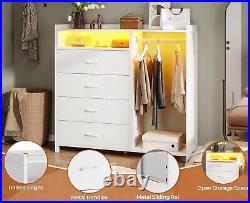 4 Drawer Dresser with LED Lights, Chests of Drawers with Clothing Rack (White)