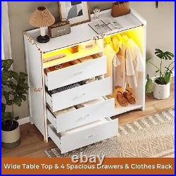 4 Drawer Dresser with LED Lights, Chests of Drawers with Clothing Rack (White)