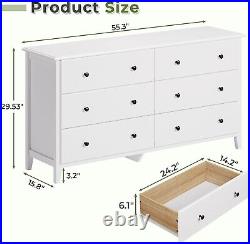 55.3''Double Dresser With 6 Drawers, Long Chest White Drawers, Storage Cabinet