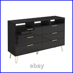 55 High Gloss LED Modern Wood Chests of Drawers, 6 Drawer Dresser with Gold Legs