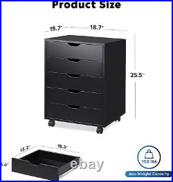 5-Drawer Chest, Wood Storage Dresser Cabinet with Wheels, Black