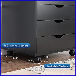 5-Drawer Chest, Wood Storage Dresser Cabinet with Wheels, Black