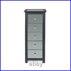5 Drawer Dark Carbon Finish Narrow Chest of Drawers Mirrored Panels Bedroom