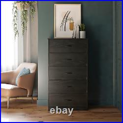 5 Drawer Dresser Closet Tall Chest Clothes Storage Modern Cabinet Black Oak New