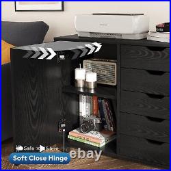5-Drawer Wood Dresser Chest with Door, Mobile Storage Cabinet, Black
