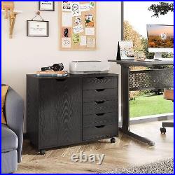 5-Drawer Wood Dresser Chest with Door, Mobile Storage Cabinet, Black