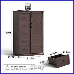 5 Drawers Dresser for Bedroom, Farmhouse Tall Chest of Drawers with Sliding Door