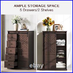 5 Drawers Dresser for Bedroom, Farmhouse Tall Chest of Drawers with Sliding Door