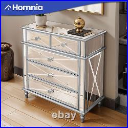 5 Tier Chest Wood Dresser Cabinet Glass Mirrored Bedroom with Heavy Duty 5 Drawers