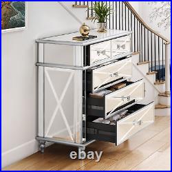 5 Tier Chest Wood Dresser Cabinet Glass Mirrored Bedroom with Heavy Duty 5 Drawers