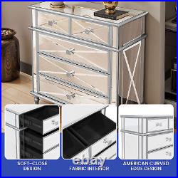 5 Tier Chest Wood Dresser Cabinet Glass Mirrored Bedroom with Heavy Duty 5 Drawers