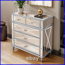 5 Tier Chest Wood Dresser Cabinet Glass Mirrored Bedroom with Heavy Duty 5 Drawers