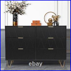 6 Drawer Double Dresser Wooden Storage Chest of Drawers with Gold Handles