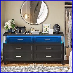 6 Drawer Dresser with LED Light Modern Chest of Drawers Black Dresser TV Stand