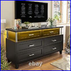 6 Drawer Dresser with LED Light Modern Chest of Drawers Black Dresser TV Stand