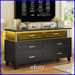 6 Drawer Dresser with LED Light Modern Chest of Drawers Wood Black Dresser