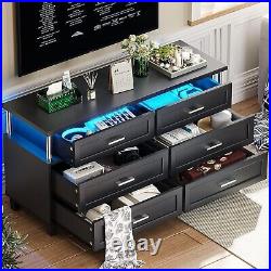 6 Drawer Dresser with LED Light Modern Chest of Drawers Wood Black Dresser