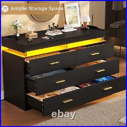 6 Drawer Dresser with LED Lights Large Capacity Storage Wide Dresser for Bedroom
