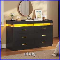 6 Drawer Dresser with LED Lights Large Capacity Storage Wide Dresser for Bedroom