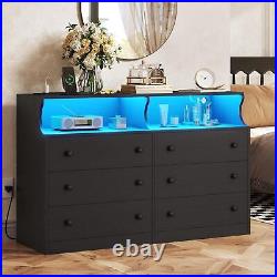 6 Drawer Dresser with LED Lights and Charging Station, Wide Chest of 6 Drawers