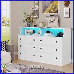 6 Drawers Double Dresser Cabinet Large Wooden Storage with LED Light for Bedroom
