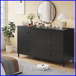 6 Drawers Double Dresser, Wooden Dresser with Heavy Sturdy Steel Frame, Black