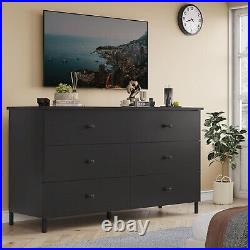 6 Drawers Double Dresser, Wooden Dresser with Heavy Sturdy Steel Frame, Black