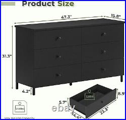 6 Drawers Double Dresser, Wooden Dresser with Heavy Sturdy Steel Frame, Black