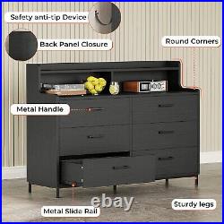 6 Drawers Double Dresser with Shelves Chest of Drawers Black Dresser for Bedroom