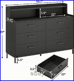 6 Drawers Double Dresser with Shelves Chest of Drawers Black Dresser for Bedroom