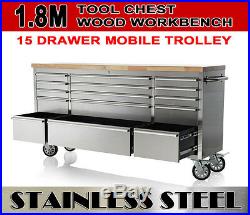 72 Mechanic Stainless Steel Tool Chest Rubber Wood Top Workbench Tool Trolley