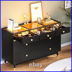 7 Drawer Dresser for Bedroom Wooden Chest of Drawers Tempered Glass Desk Top