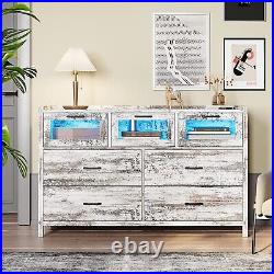 7 Drawer Dresser with LED Lights for Bedroom Rustic Wood Wide Chest of Drawers