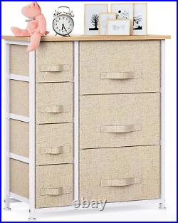 7 Drawer Fabric Dresser Storage Tower, Dresser Chest with Wood Top and Easy Pull