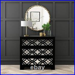 Alexis Mirrored 3 Drawer Chest of Drawers in Black with Carved Detail