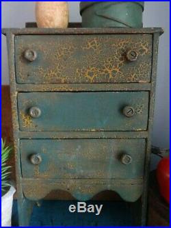 Antique 3 Drawer Spice Cabinet/Box/Cupboard/Chest-AAFA-Old Blue/Green Paint-Prim